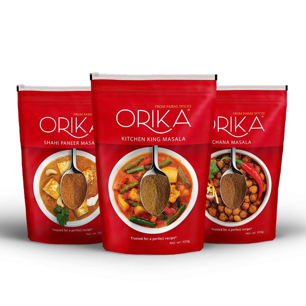 Paneer-Chana Combo (Shahi Paneer Masala, Chana Masala, Kitchen King Masala) (Pack of 3, 100gms each) - Orika Spices India