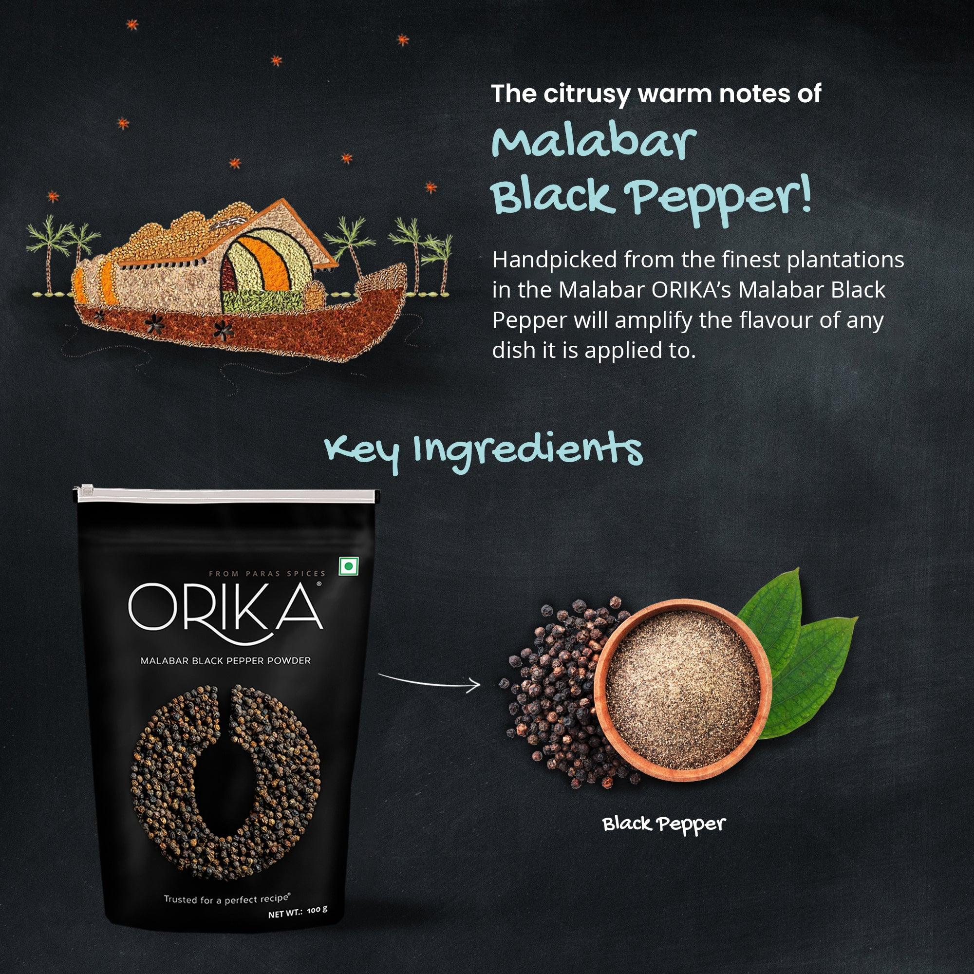 Everyday kitchen essential Malabar (Black Pepper Powder, Salem Turmeric Powder, Coriander Powder), (Pack of 3, 100gms each) - Orika Spices India
