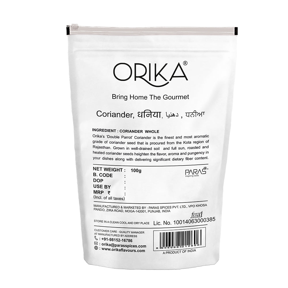 Orika's 'Double Parrot' Coriander Whole, 100g - Orika Spices India