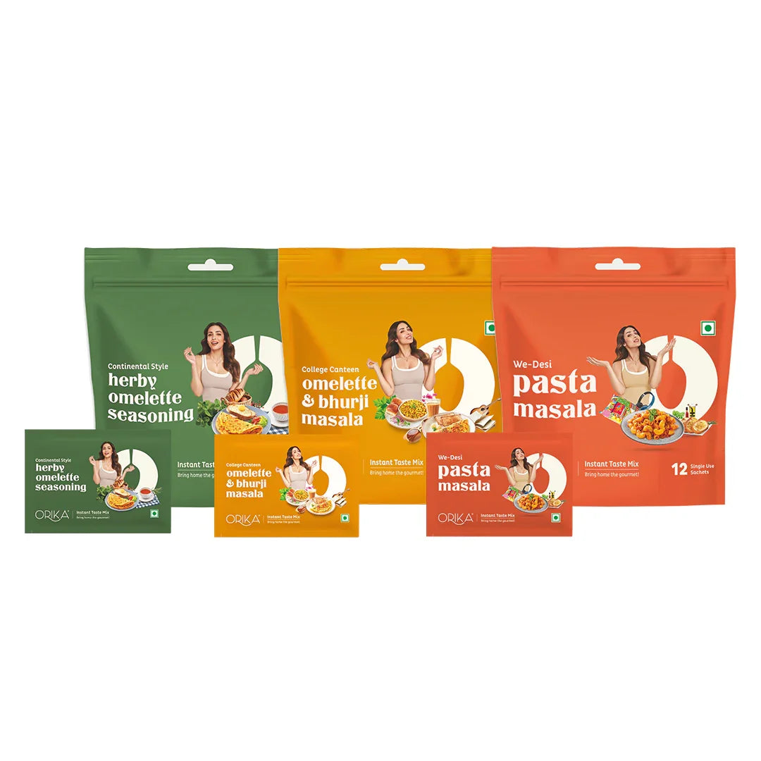 Combo Pack of 3 (College Canteen Omelette Masala + Herby Omelette Sesoning + We Desi Pasta Masala) 12 Sachet Each - Orika Spices India