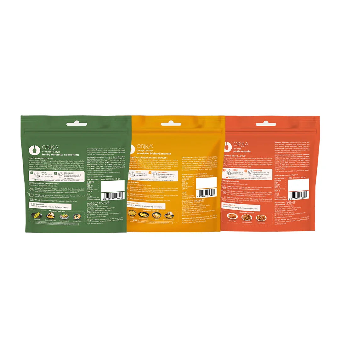 Combo Pack of 3 (College Canteen Omelette Masala + Herby Omelette Sesoning + We Desi Pasta Masala) 12 Sachet Each - Orika Spices India
