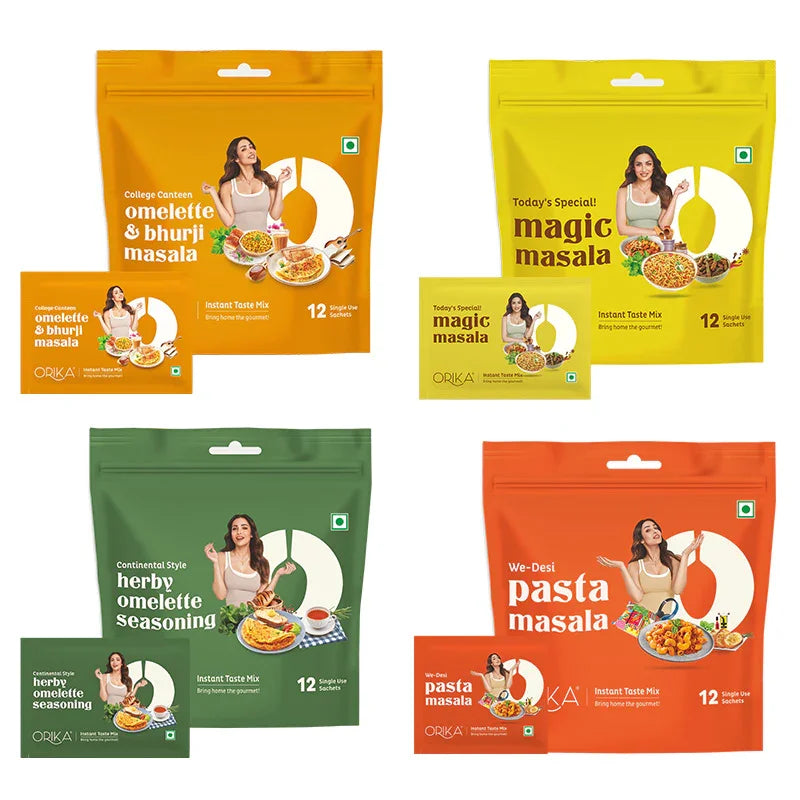 Combo Pack of 4 (College Canteen Omelette Masala + Herby Omelette Sesoning + We Desi Pasta Masala + Magic Masala) 12 Sachet Each - Orika Spices India
