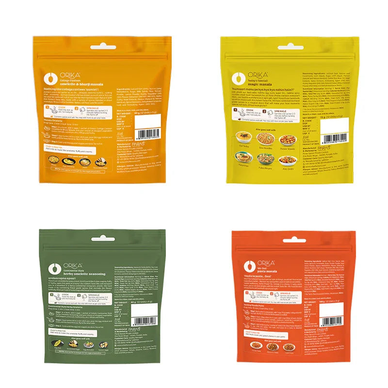 Combo Pack of 4 (College Canteen Omelette Masala + Herby Omelette Sesoning + We Desi Pasta Masala + Magic Masala) 12 Sachet Each - Orika Spices India