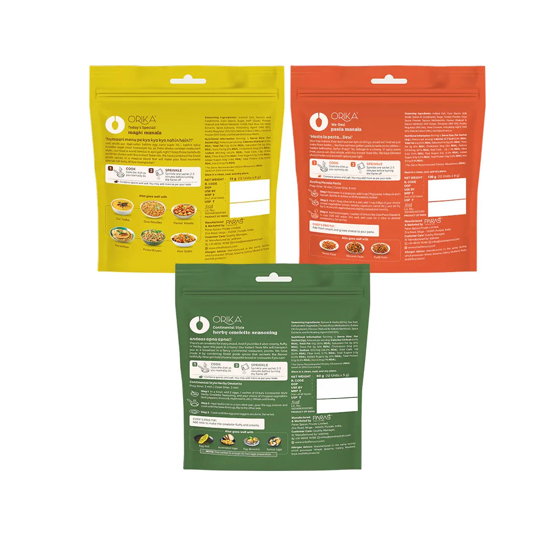 Instant We Desi Pasta Masala with Magic Masala & Herby Omelette Masala Combo - Pack of 3 (12 single use sachets in each Pack) - Orika Spices India