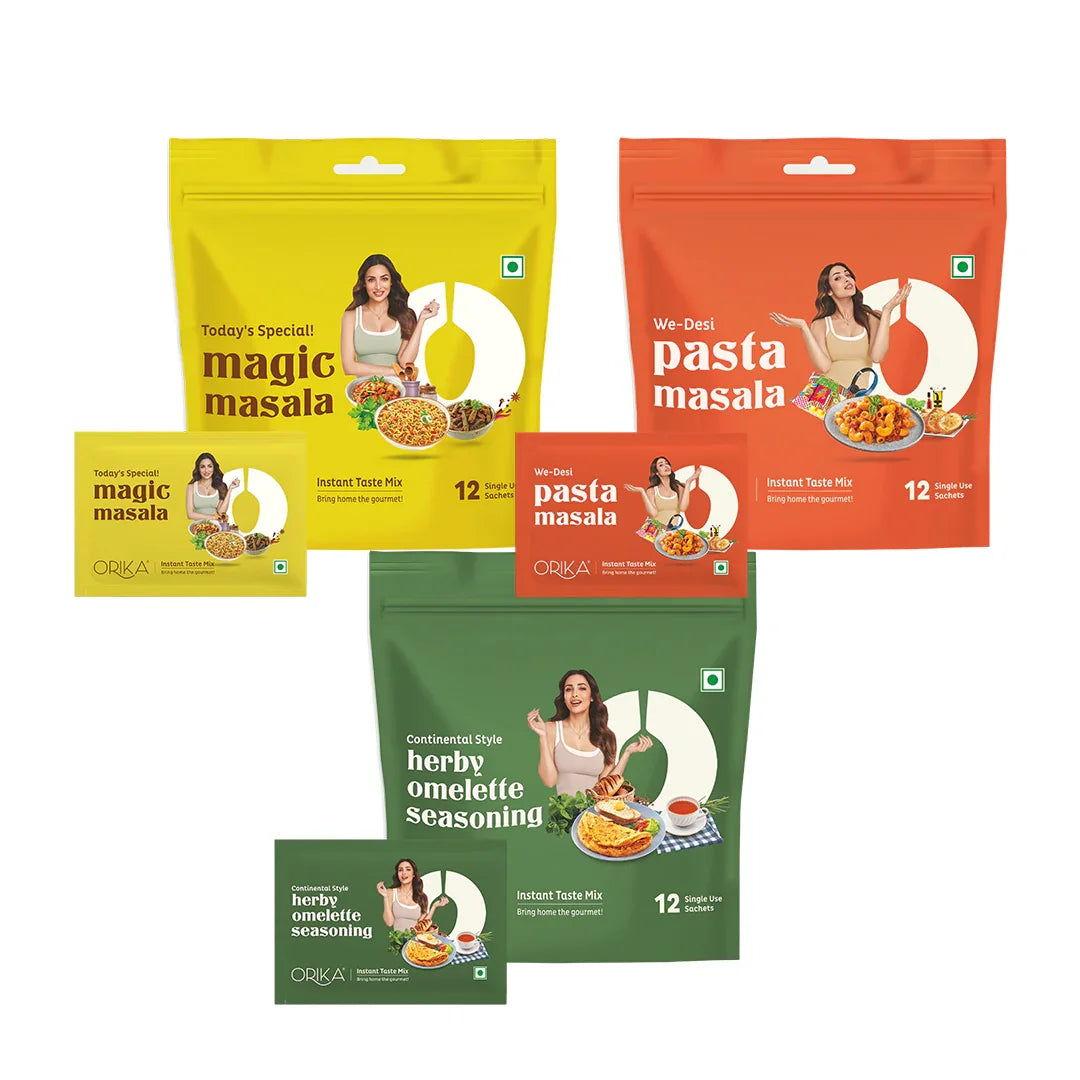 Instant We Desi Pasta Masala with Magic Masala & Herby Omelette Masala Combo - Pack of 3 (12 single use sachets in each Pack) - Orika Spices India