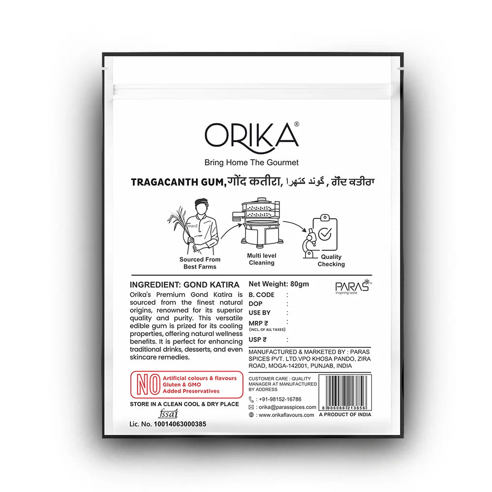 Orika Gond Katira (Tragacanth Gum) – 80g | Natural Cooling Agent | Premium Quality | For Sharbat, Desserts & Ayurvedic Use - Orika Spices India