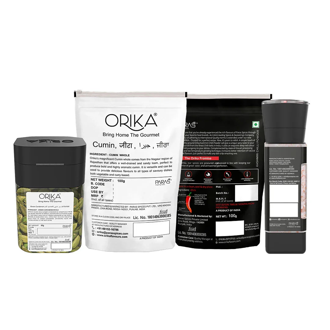 Orika Gourmet Spice Fusion Idduki Bold Green Cardamom 60g, Nagauri Bold Cumin 100g, Kashmiri red chili Powder 100g, Pink salt 100g - Orika Spices India