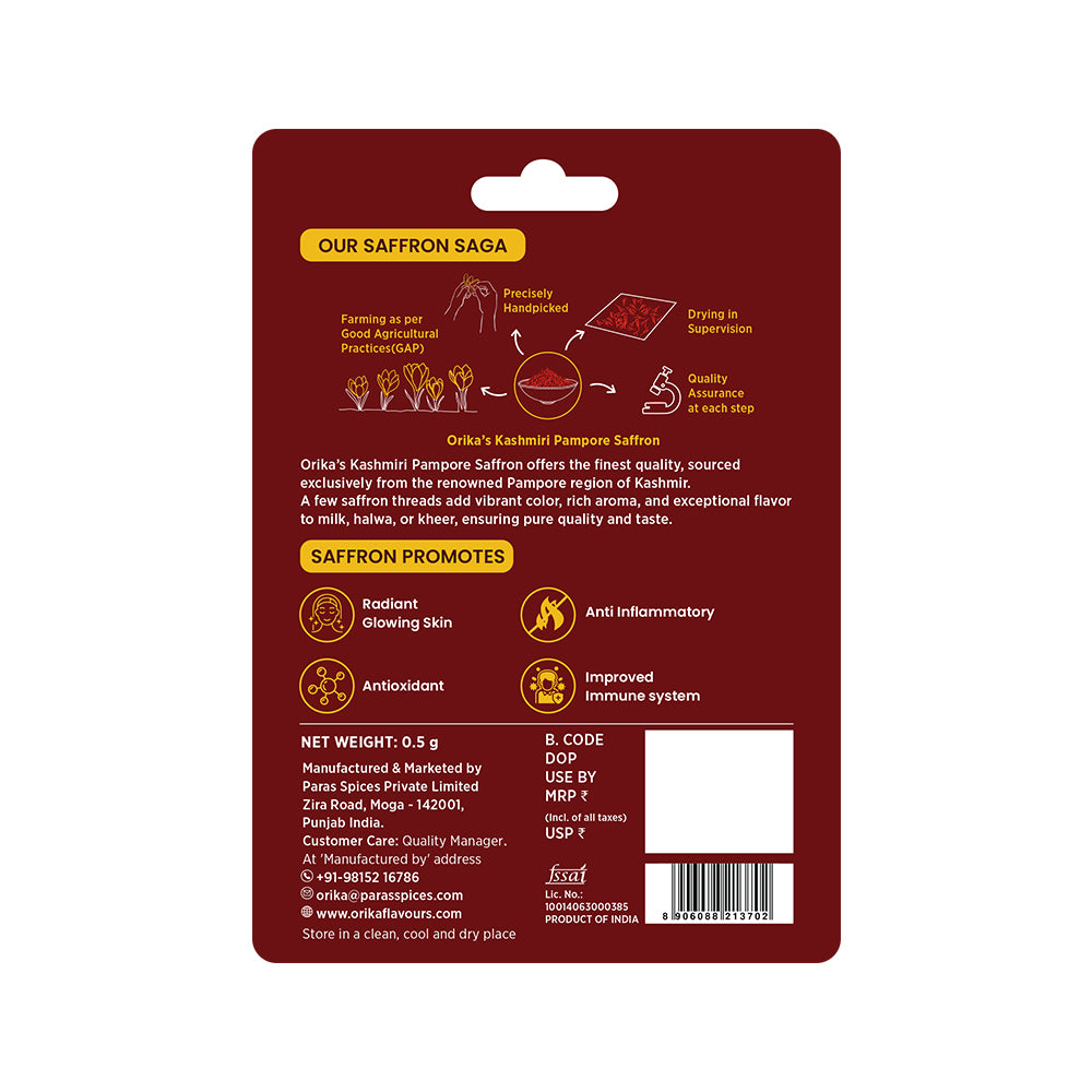 Orika Kashmiri Pampore Saffron .5 Gm - Orika Spices India