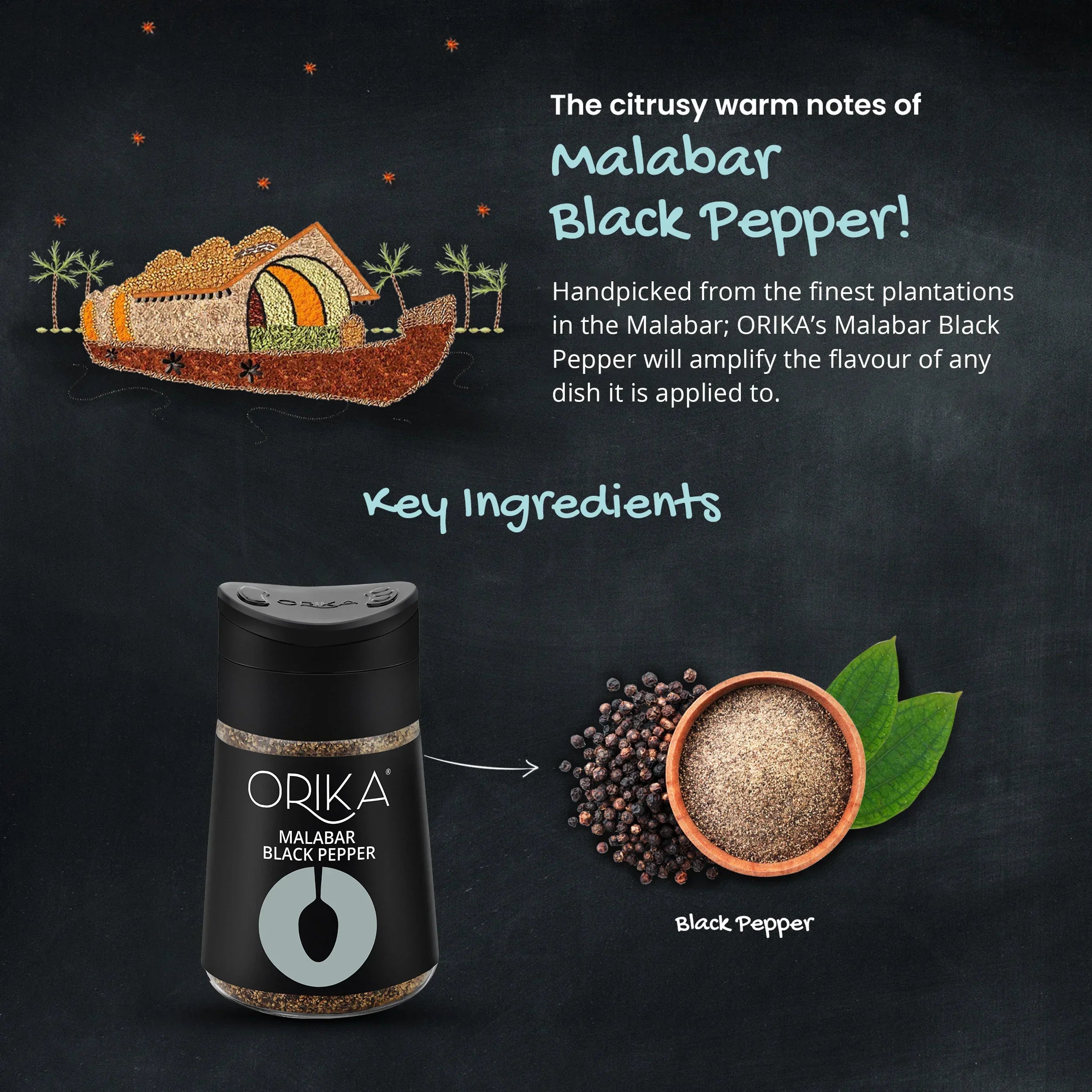 Orika Malabar Black Pepper, 80gm - Orika Spices India