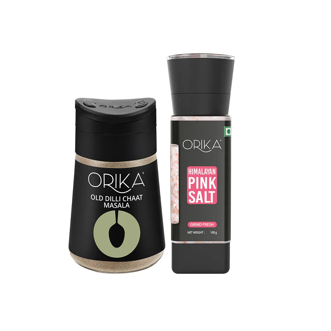 Orika Old Dilli Chat Masala Sprinkler & Himalayan Pink Sea Salt Grinder combo (Pack of 2) - Orika Spices India