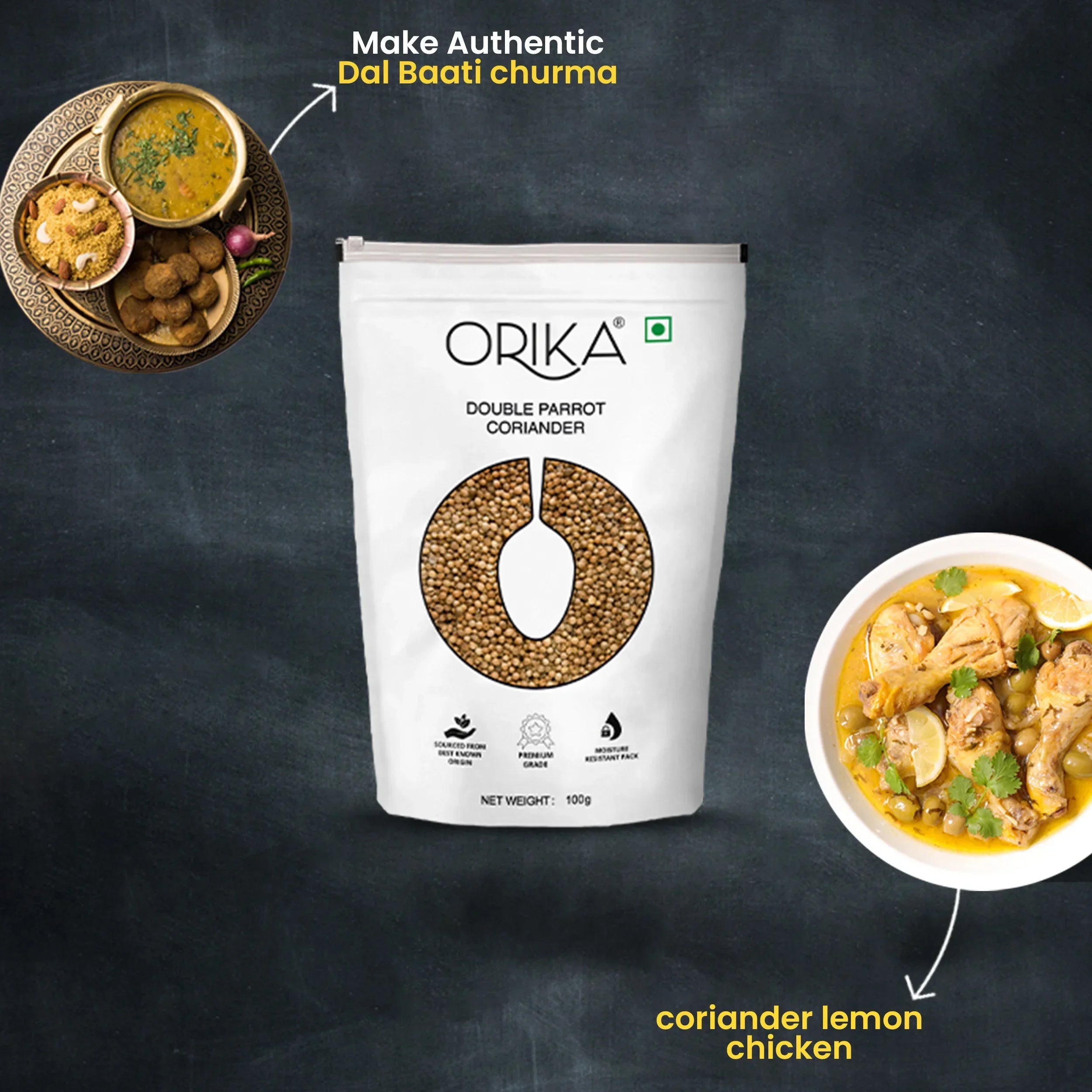 Orika's 'Double Parrot' Coriander Whole, 100g - Orika Spices India