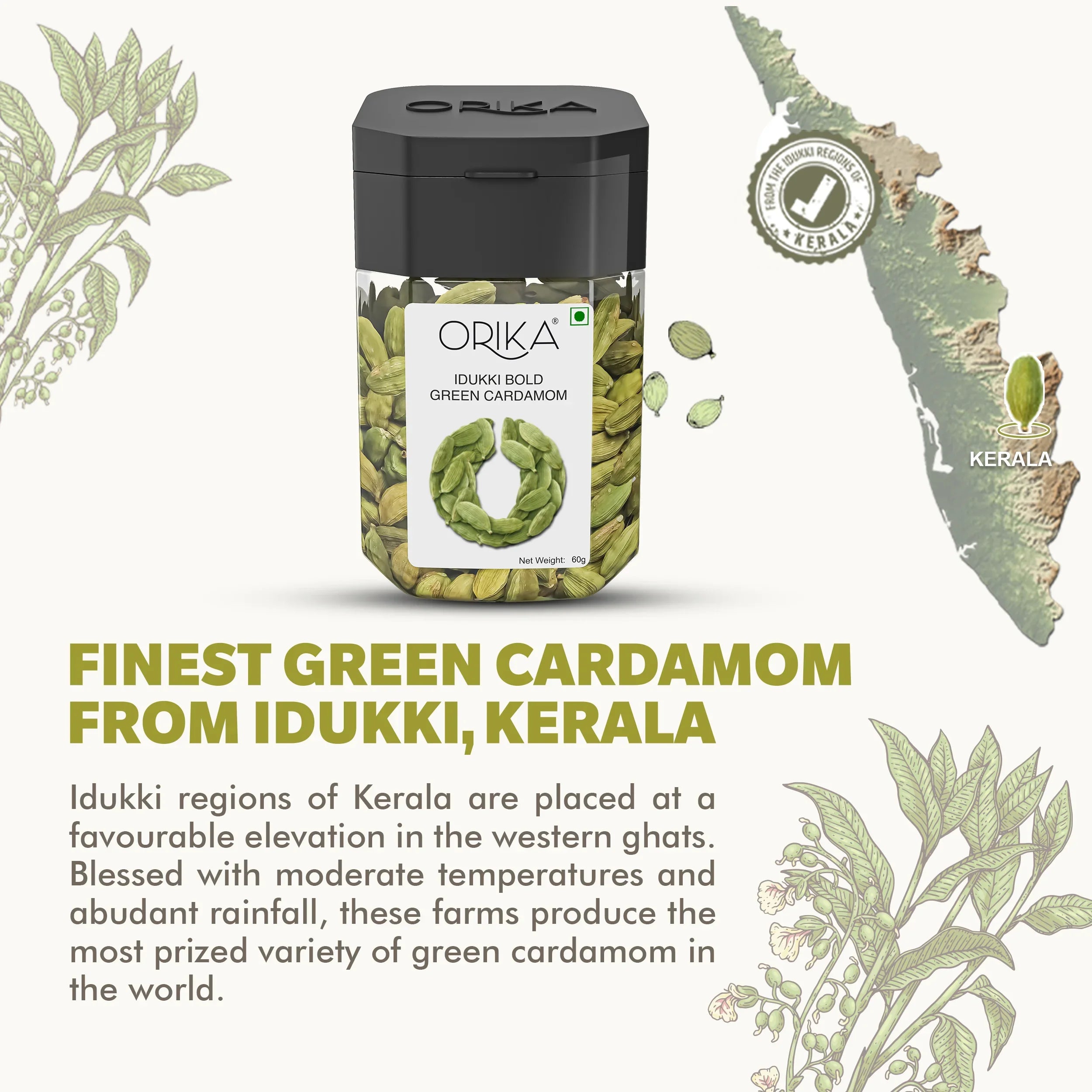 Orika's Idukki Bold Green Cardamom, 60g - Orika Spices India