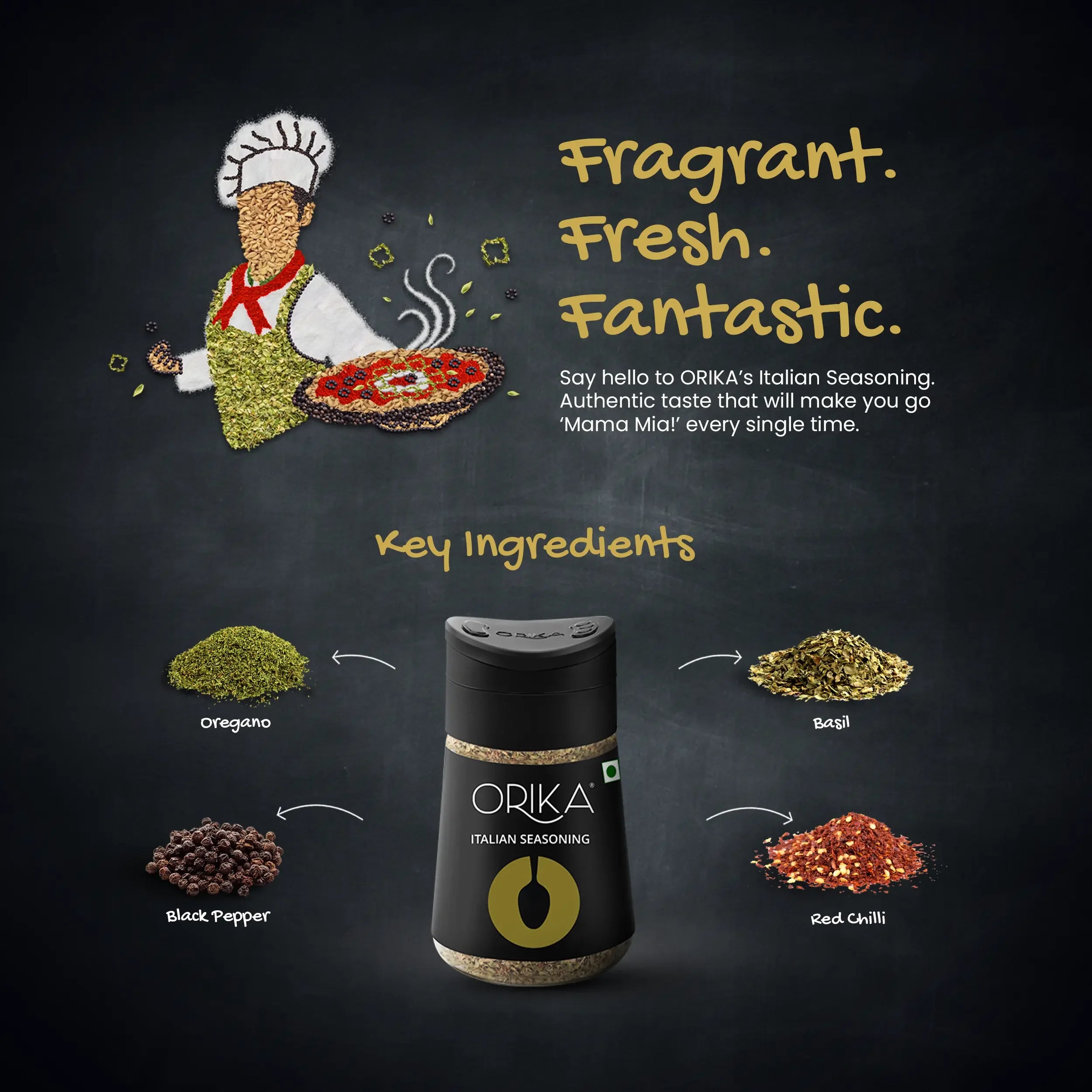 Orika Table Sprinkler Combo, (Italian Seasoning (75g), Red chili flakes (50g), All-purpose Mexican seasoning (80g), Malabar Black Pepper (80g), Old Dilli Chat Masala (90g)) - Orika Spices India