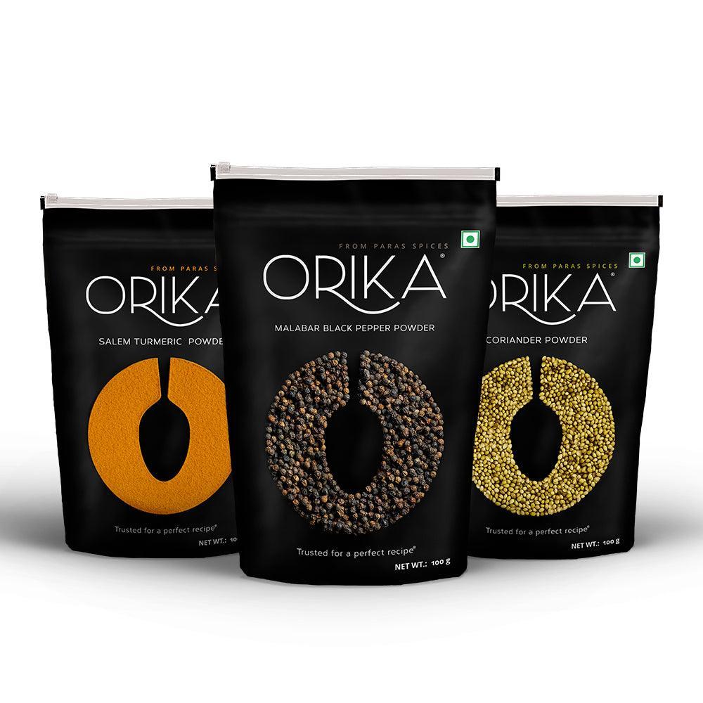 Orika Everyday kitchen essential (Malabar Black Pepper Powder, Salem Turmeric Powder, Coriander Powder), (Pack of 3, 100gms each) - Orika Spices India