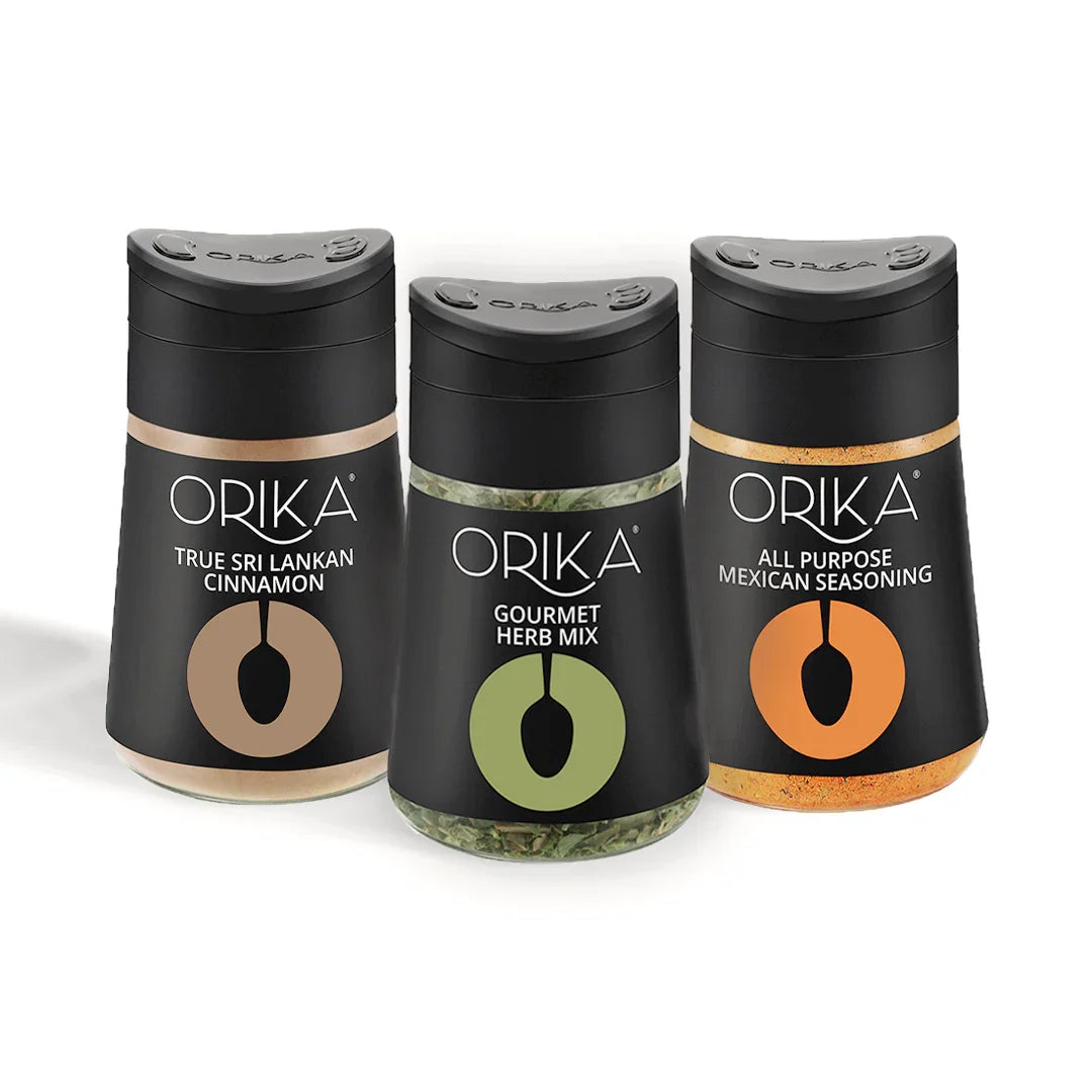 Orika Gourmet Herbs Sprinkler Combo Gourmet Herb Mix 25g, Mexican Seasoning 80g, True Sri Lankan Cinnamon 50g - Orika Spices India