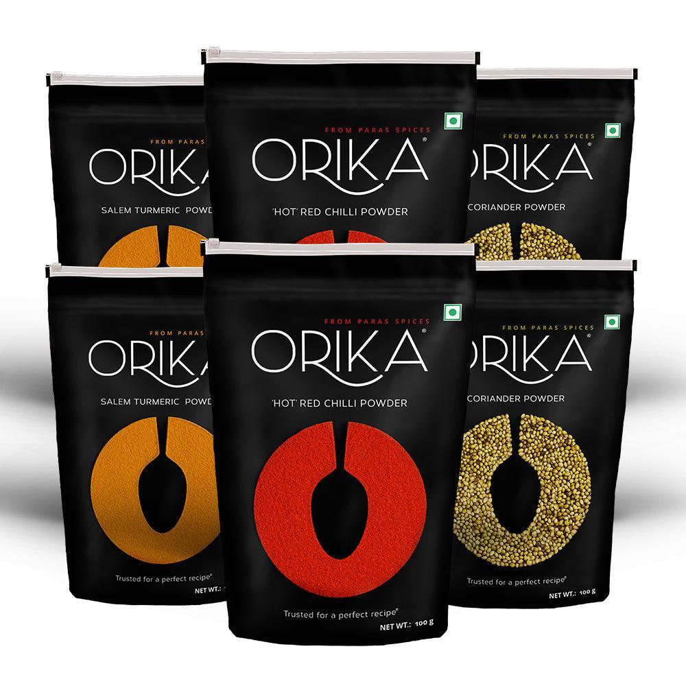 Orika Kitchen Essentials Combo 1 (Hot Red Chilli Powder 2pc, Salem Turmeric Powder 2pc, Coriander Powder 2pc) (Pack of 6, 100gms each) - Orika Spices India