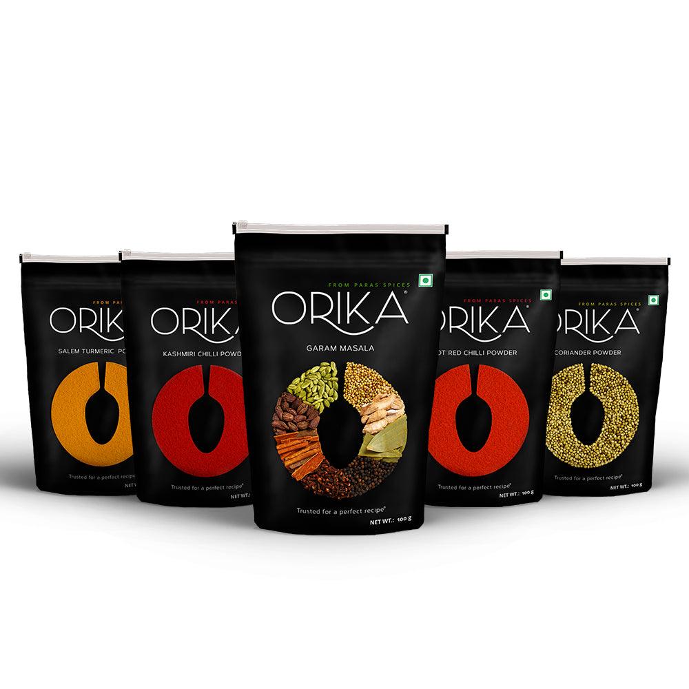 Pantry Essential Combo (Salem Turmeric Powder, Coriander Powder, Hot Red Chilli Powder, Kashmiri Chilli Powder, Garam Masala) (Pack of 5, 100gms each) - Orika Spices India
