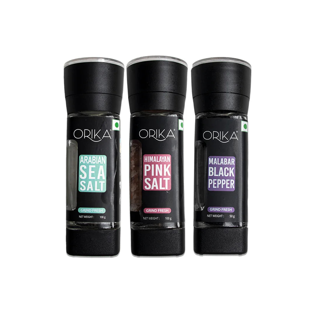 Sea Salt 100g, Pink Salt 100g & Black Pepper 50g,Table Grinder Combo - Orika Spices India